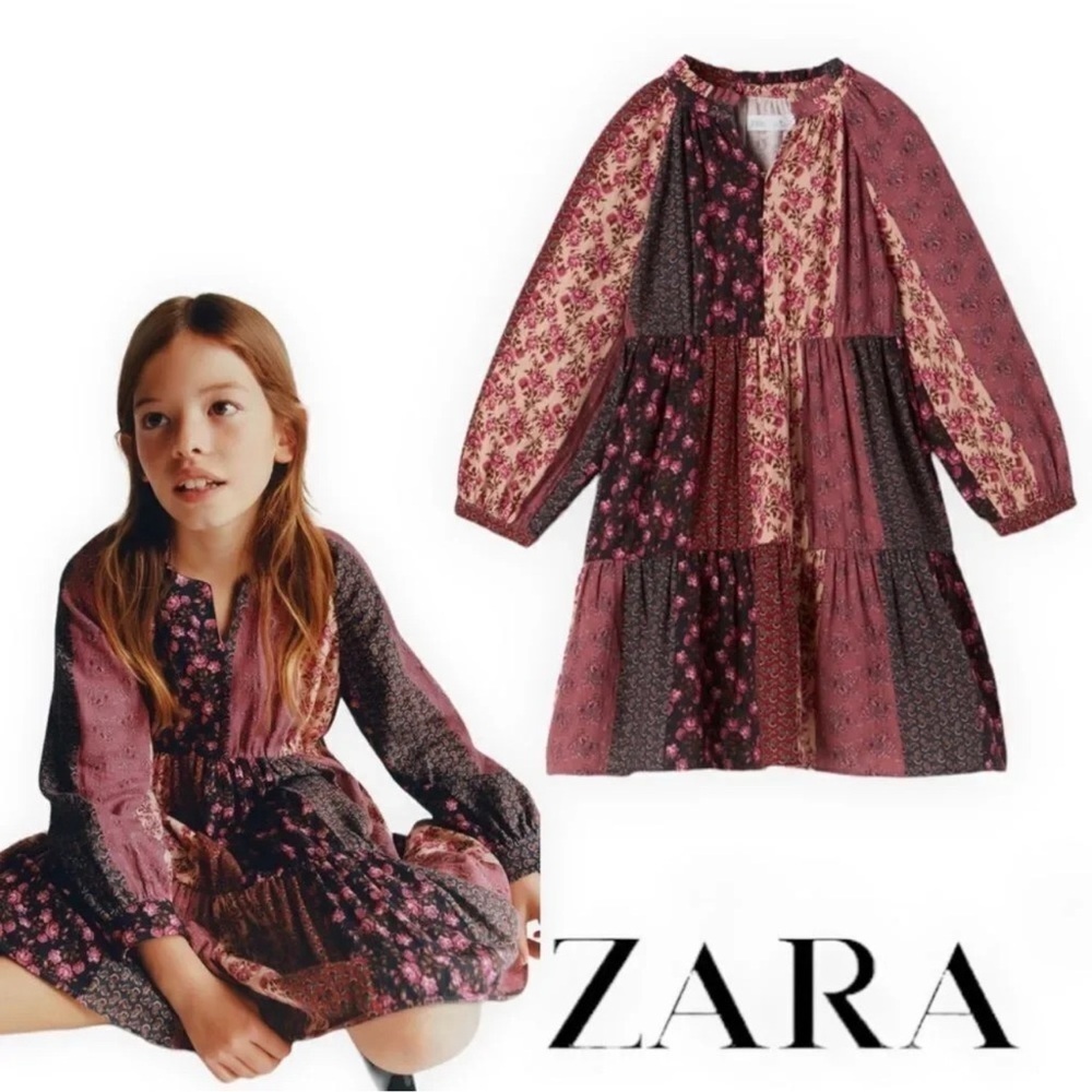 ZARA Kids | Maroon | PATCHWORK DRESS - Picture 1 of 6